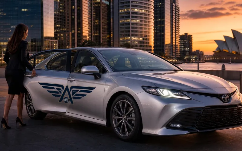 Silver Taxi Sydney Toyota Camry sedan at Sydney Harbour